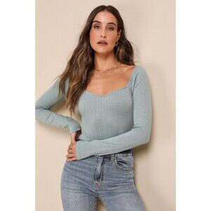 Lulus Too-cute Attitude Sage Green Pointelle Knit Long Sleeve Bodysuit